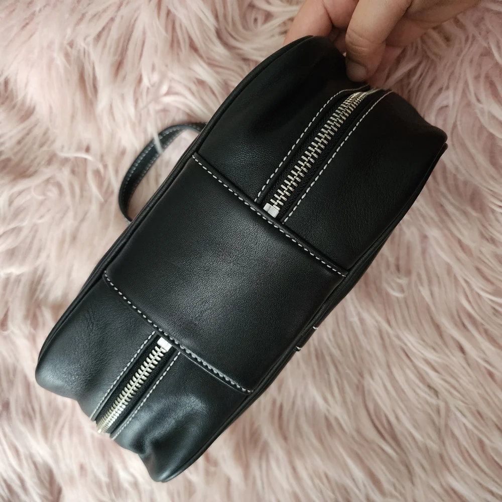 Coach travel toiletry bag black leather tan silver hardware Vintage